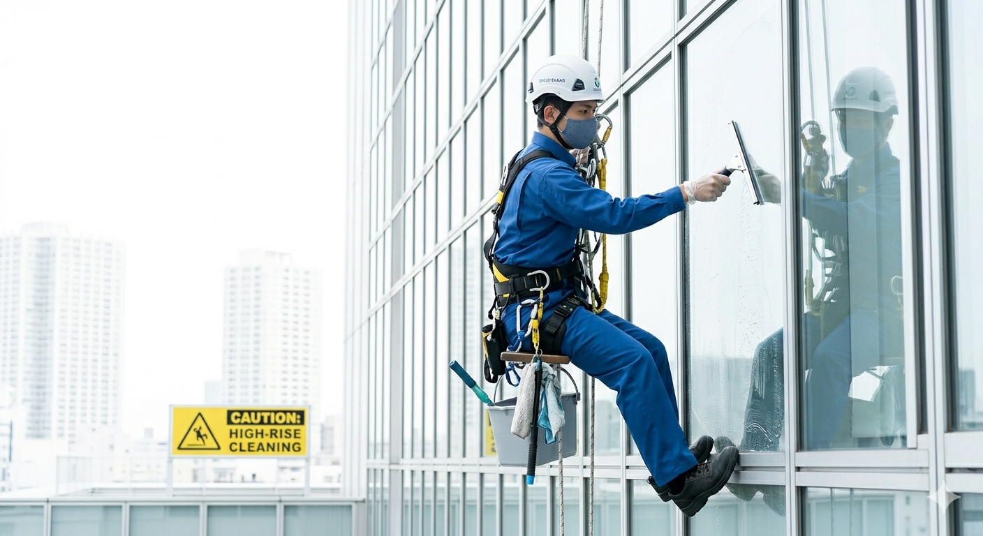 外壁ガラス清掃の様子